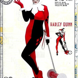 May include: A red and black costume with a white collar and jester hat. The costume is worn by a person holding a mallet with a red spool of thread. The image includes the text "8434AA" and "HARLEY QUINN".