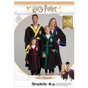 May include: A sewing pattern for Harry Potter robes. The pattern includes four robes in different colors: black with yellow trim, black with green trim, black with red trim, and black with blue trim. The pattern is for sizes 5-15 and includes instructions for making the robes.