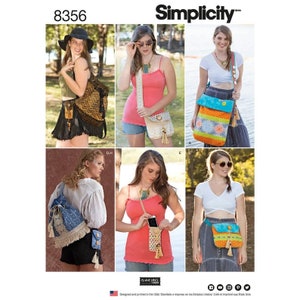 May include: A sewing pattern for making different styles of bags. The pattern includes instructions for a backpack, a crossbody bag, a shoulder bag, and a phone pouch. The bags are all made with a variety of fabrics and trims, including denim, fringe, and tassels.