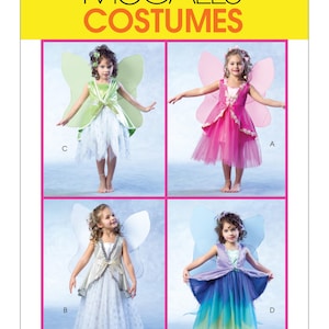 May include: McCall's Costumes pattern featuring four fairy costumes for children. Each costume includes a dress and matching wings in various colors: green, pink, silver, and blue. The costumes are designed for girls.