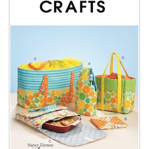 May include: A sewing pattern for five different bags, including a large tote bag, a smaller tote bag, a cooler bag, a casserole carrier, and a hot pad. The bags are all made with colorful fabrics featuring a citrus fruit design.