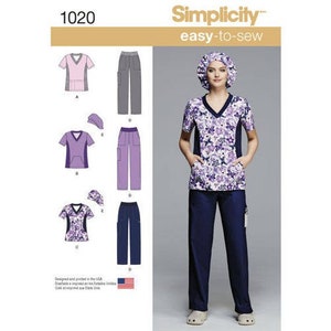 May include: A sewing pattern for scrubs with a floral print top and pants. The pattern includes instructions for making a matching scrub cap. The pattern number is 1020 and the brand is Simplicity easy-to-sew.