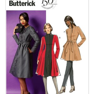May include: A sewing pattern for a coat with three different styles. The pattern is for sizes A/B, C, and D cup sizes. The pattern is from Butterick and is part of their 150th anniversary collection.
