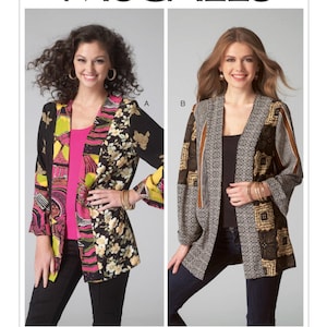 May include: McCall's pattern featuring two open-front jackets. One jacket has a black base with floral and geometric patterns in pink, yellow, and gold. The other jacket has a gray base with geometric and brown patterns. The pattern is designed by Melissa Watson.
