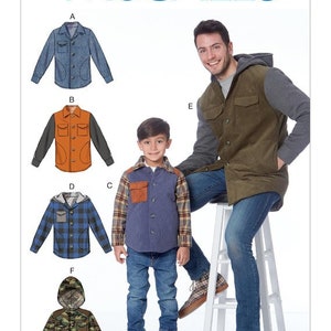 May include: McCall's sewing pattern M7638 featuring various jacket designs for men and boys. The image shows a man and a boy wearing the jackets. The jackets include a denim jacket, a quilted jacket, and a camouflage jacket.