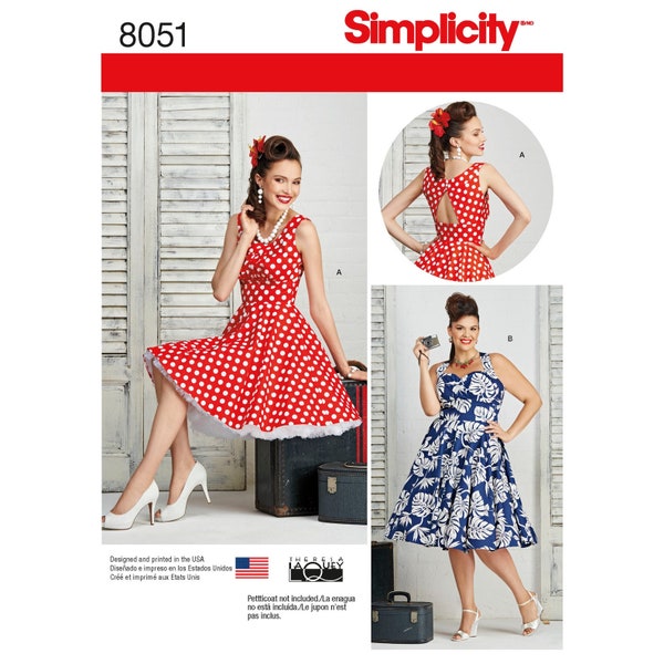 Misses' and Plus Size 1950s Vintage Rockabilly Dresses - Simplicity Sewing Pattern 8051