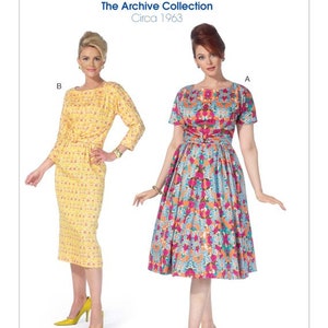 May include: Vintage McCall's sewing pattern from the Archive Collection, circa 1963. The pattern features two dresses, one with a fitted silhouette and the other with a full skirt.