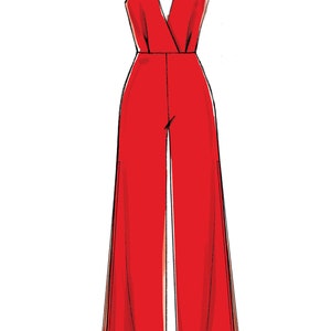 May include: A red sleeveless jumpsuit with a deep V-neckline and wide legs. The jumpsuit has a wrap-style bodice and a slit on each leg.