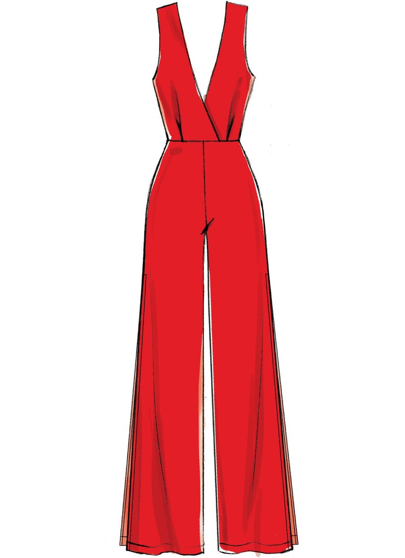 May include: A red sleeveless jumpsuit with a deep V-neckline and wide legs. The jumpsuit has a wrap-style bodice and a slit on each leg.