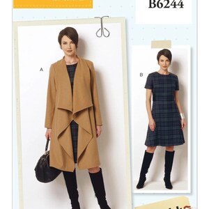 May include: A sewing pattern for a long, brown coat with a draped collar and a plaid dress with short sleeves. The pattern is from the brand "Lisette" and the pattern number is "B6244".