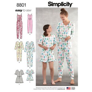 May include: A sewing pattern for a jumpsuit with a tree print. The pattern includes sizes for both adults and children. The pattern is from Simplicity and is easy to sew.