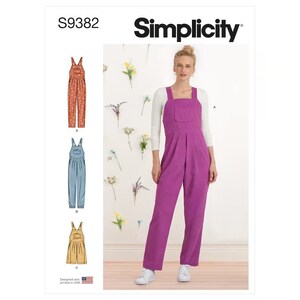 May include: Simplicity sewing pattern S9382 for a women's jumpsuit with three different style options. The pattern shows a pink, blue, and floral print jumpsuit.