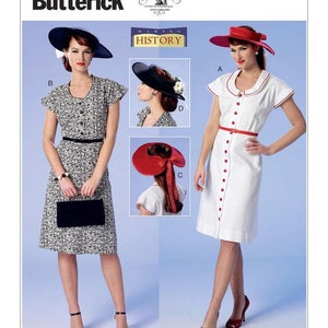 Misses&#39; 1940s Retro Dress, Button-Front, Flutter Sleeve And Wide Brim Sun Hats, Costume/Cosplay - Butterick Sewing Pattern B6363