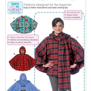 May include: A sewing pattern for a beginner featuring four different styles of capes. The pattern includes instructions for sewing a stitched hem, attaching a decorative frog closure, and making a patch pocket. The pattern number is M7202.