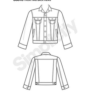 May include: A line drawing of a denim jacket with a button-up front and long sleeves. The front and back views of the jacket are shown.