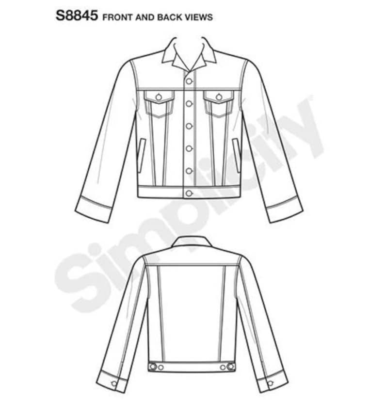 May include: A line drawing of a denim jacket with a button-up front and long sleeves. The front and back views of the jacket are shown.