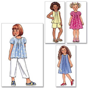 May include: Four illustrations of children wearing different styles of clothing. The first illustration shows a girl wearing a blue and white floral print top with white pants. The second illustration shows a girl wearing a yellow sleeveless top with white and yellow checkered shorts. The third illustration shows a girl wearing a pink floral print dress. The fourth illustration shows a girl wearing a blue dress with white stars.