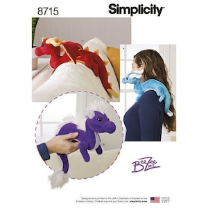 May include: Simplicity pattern 8715 featuring plush dragon toys in red, blue, and purple. The image shows a red dragon on a pillow, a blue dragon on a person's shoulder, and a purple dragon held by a hand. The pattern includes the BeeZee Art logo and the text "SINCE 1927".