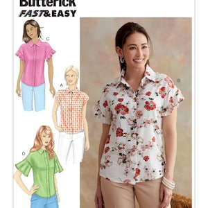 May include: A sewing pattern for a women's button-up shirt with short sleeves. The pattern includes four different variations of the shirt, with different colors and patterns. The pattern is labeled "B6686 Butterick FAST & EASY".