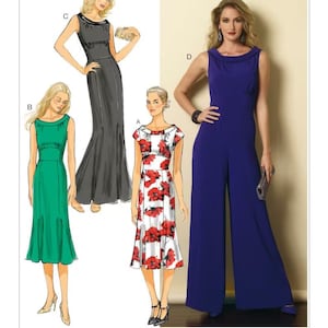 May include: A sewing pattern for four different styles of dresses and a jumpsuit. The pattern is called Butterick B6130. The dresses are a green dress with a scoop neck, a floral print dress with a scoop neck, and a black dress with a scoop neck. The jumpsuit is a blue jumpsuit with a scoop neck.