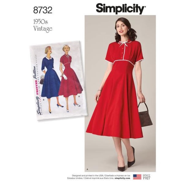 OUT OF PRINT - Misses' 1950s Empire Waist, Flared, High Neckline, Vintage Dress - Simplicity Sewing Pattern 8732