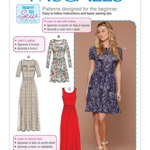 May include: McCall's sewing pattern for beginners, featuring dress designs. Includes instructions for sewing with stripes, gathering, and hemming. The image shows a woman wearing a blue patterned dress. Pattern number M7561.