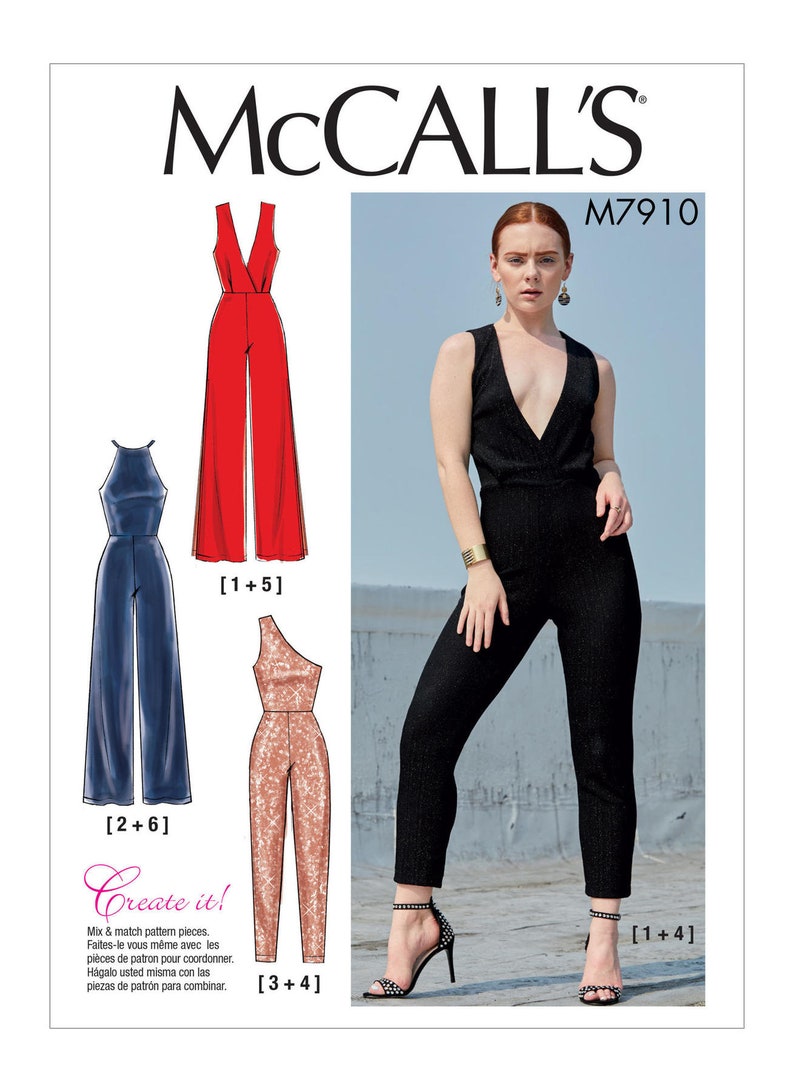 May include: A sewing pattern for a jumpsuit with four different style variations. The pattern includes a red jumpsuit, a blue jumpsuit, a gold jumpsuit, and a black jumpsuit. The pattern is called McCall's M7910.