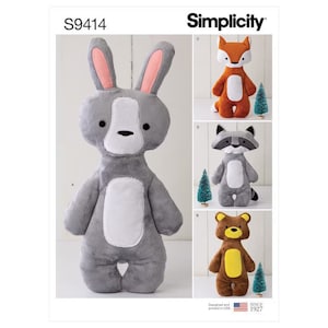 May include: Simplicity S9414 sewing pattern envelope featuring four plush animal toys: a large gray rabbit, an orange fox, a gray raccoon, and a brown bear. Each stuffed animal has a white or yellow belly patch and simple embroidered facial features.