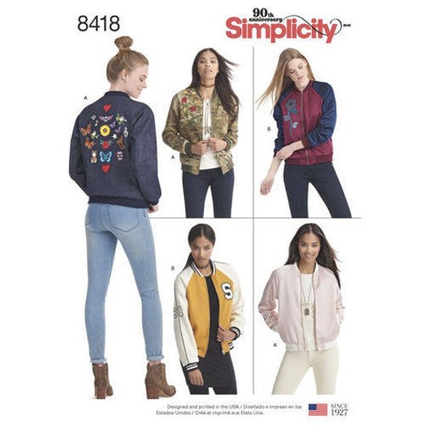 Misses’ Lined Bomber Jacket With Fabric And Trim Variations, Casual Sportswear, Zip Front, Floral Appliqué - Simplicity Sewing Pattern 8418