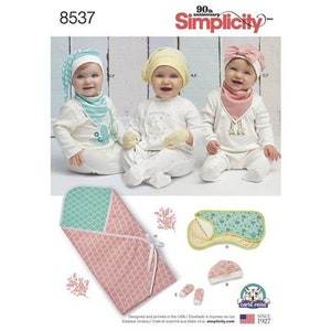 Baby/Infant Accessories - Hats, Bandana Bibs, Burp Cloth, Wrap Blanket, And Mittens for Babies - Simplicity Sewing Pattern 8537
