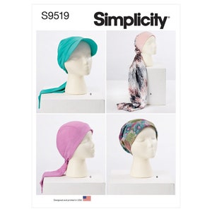 May include: Simplicity sewing pattern S9519 for four different styles of headwear. The pattern includes a turquoise, pink, and floral patterned headwrap, and a pink headwrap with a long scarf.