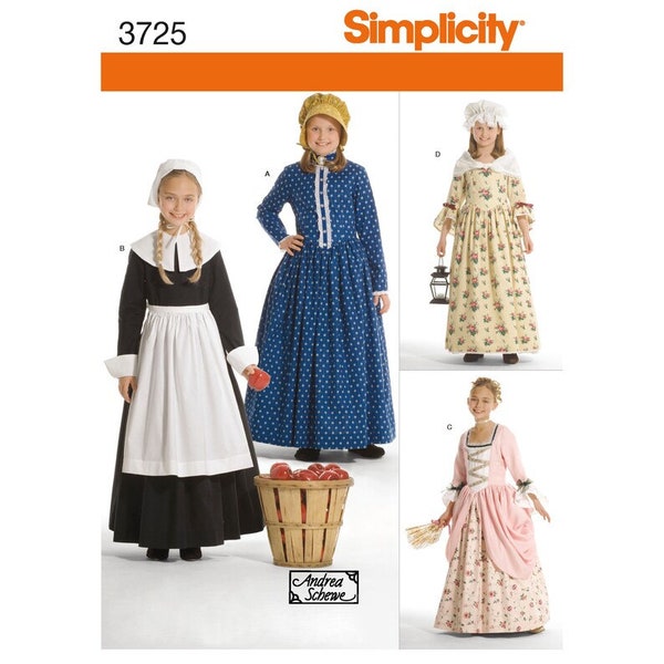 Child's & Girls' Early American Pioneer, Quaker, Prairie, Colonial or more Courtly Young Lady Dresses - Simplicity Sewing Pattern 3725