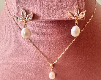 Bridal Pearl Necklace Earring Set: CZ Diamond, Freshwater Pearls