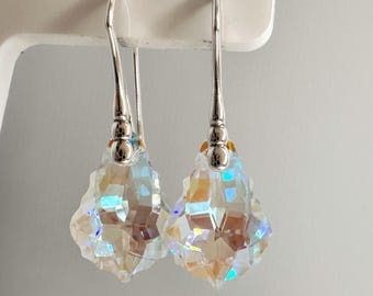 Pendientes de cristal Swarovski en forma de lágrima: Plata de ley, azul AB, 16 mm