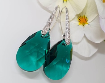 Handcrafted Emerald Green Swarovski Crystal Teardrop Earrings (22mm)
