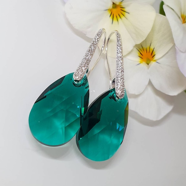 Swarovski crystal element earrings, Crystal earrings teardrop Earrings Genuine Swarovski element Emerald Green /silver 22mm