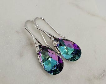 Pendientes de plata 925 con cristales Swarovski, hechos a mano, colgantes, morado/Vitrail Light/lila.