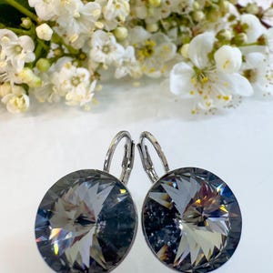 Swarovski-kristallen oorbellen Handgemaakte oorbellen, Leverback-oorbellen gemaakt van echt Swarovski-zilvernacht/grijs kristal 14 mm