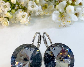 Swarovski crystal earrings Handmade Earrings, Leverback earrings Made from Genuine Swarovski Silver night/ grey Crystal 14mm