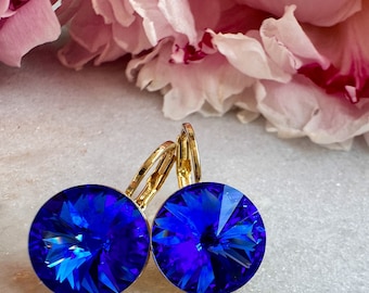 Pendientes de cristal Swarovski hechos a mano, pendientes de cristal, cierre de palanca y pendientes elaborados con auténticos cristales Swarovski® de zafiro de 12 mm.