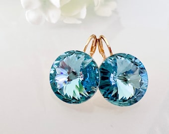 Handmade Aquamarine Swarovski Crystal Dangle Earrings (12mm)