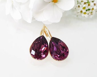 Handmade Swarovski Amethyst Dangle Earrings (14x10mm)