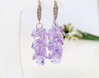 Pendientes colgantes de cristal Swarovski hechos a mano: Plata de ley 925, violeta lila