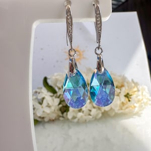925 silver Crystal Swarovski earrings Drop Earrings Genuine Swarovski element Aquamarine AB Crystal 16mm