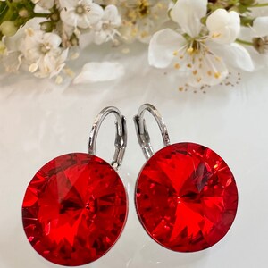 Op de afbeelding: Een paar zilveren creolen met rode kristallen. De oorbellen zijn simpel en elegant.