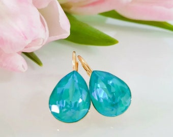Pendientes de cristal Swarovski hechos a mano, pendientes de cristal, pendientes con cierre de palanca. Fabricados con auténtico cristal Swarovski® Lagoon DeLite de 14 × 10 mm.