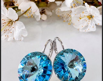 Pendientes colgantes de cristal Swarovski aguamarina hechos a mano (12 mm)