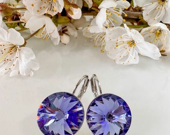 Handmade Swarovski Crystal Leverback Earrings: Tanzanite Purple, 14mm