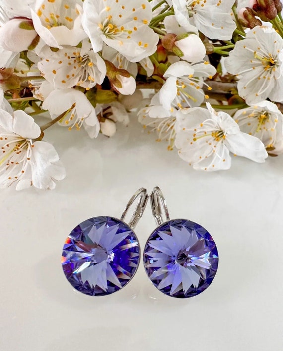 Handmade Swarovski Crystal Leverback Earrings: Tanzanite Purple
