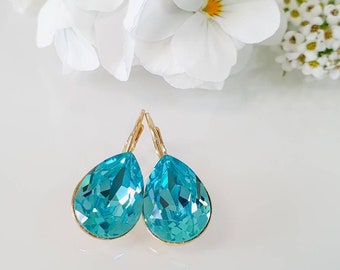Pendientes de cristal Swarovski hechos a mano: Pendientes de cierre de palanca azul turquesa (14 x 10 mm)